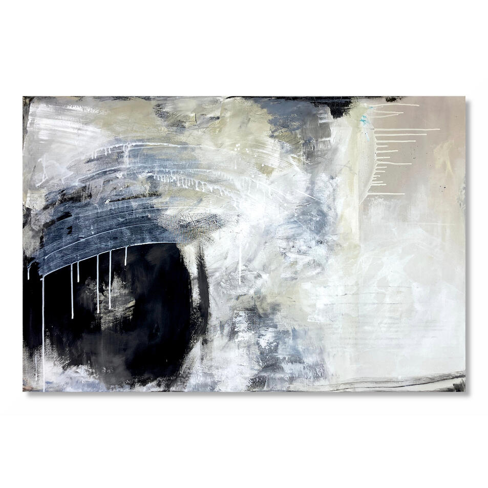"Tension Point", 80 x 120cm, Systems in Transitions Abstract mixed media painting with a big black point on the left side by Jutta Rika Bressem