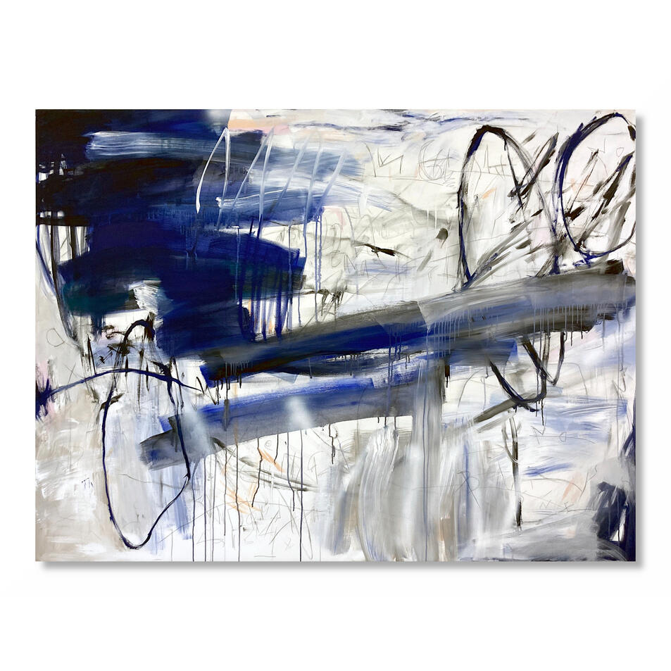 Abstract mixed media painting in blue and black by Jutta Rika Bressem