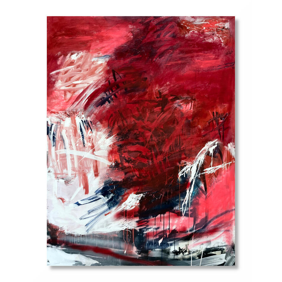 Abstract mixed media painting in red and black by Jutta Rika Bressem