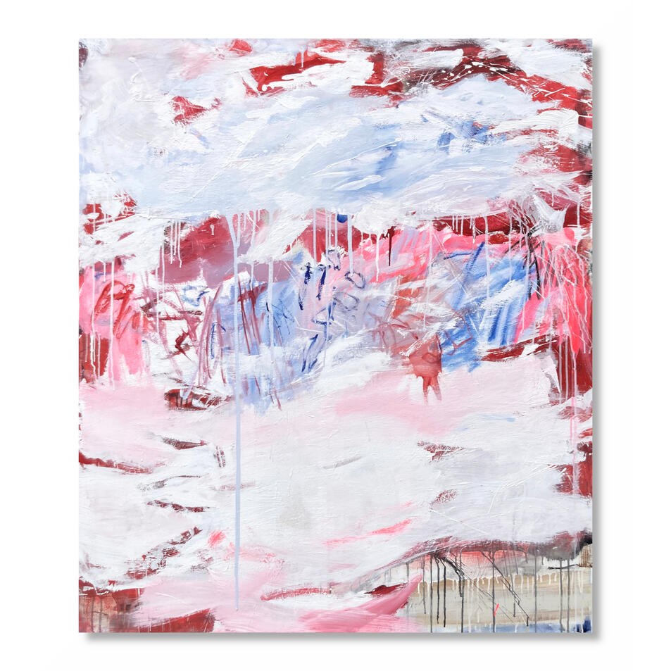 "Ongoing", 120 x 140cm Uncertained Ground Abstract mixed media painting in red and black by Jutta Rika Bressem